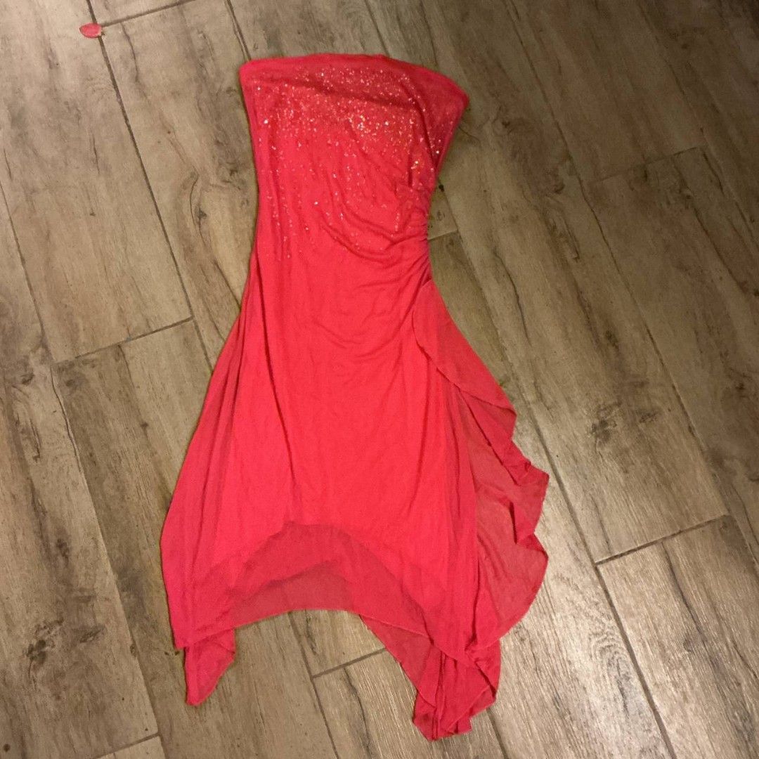 Pink Strapless Sequin Asymmetrical Hem Dress (Category: Evening dresses & gowns) located in Iloilo. Submitted by xya.xoxo28 (Listing ID 1466833124, Image 1). Description: - Color: Bright pink - Style: Strapless, party/night out dress - Details: Sparkly sequins on the bodice and flattering ruching down the right side - Hemline: Asymmetrical handkerchief hem with layered fabric - Movement: Flowy material that moves beautifully when walking - Length