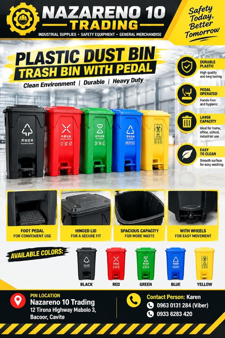 Plastic Dust Bin Trash Bin (Category: Looking For) located in Bacoor. Submitted by kajezame.2021 (Listing ID 1466807031, Image 1). Description: Plastic Dust Bin Trash Bin For More Details and Discount Contact Ms. Karen NAZARENO 10 TRADING 0963 0131 284 0933 6283 420 0956 7028 557 0933 8559 510 Landline: Look for Ms. Karen (046 ) 416 3920 Also available: • Traffic cone • Parking Block stopper • Hooded trash bin • Road Plastic Barrier • Spill boom 