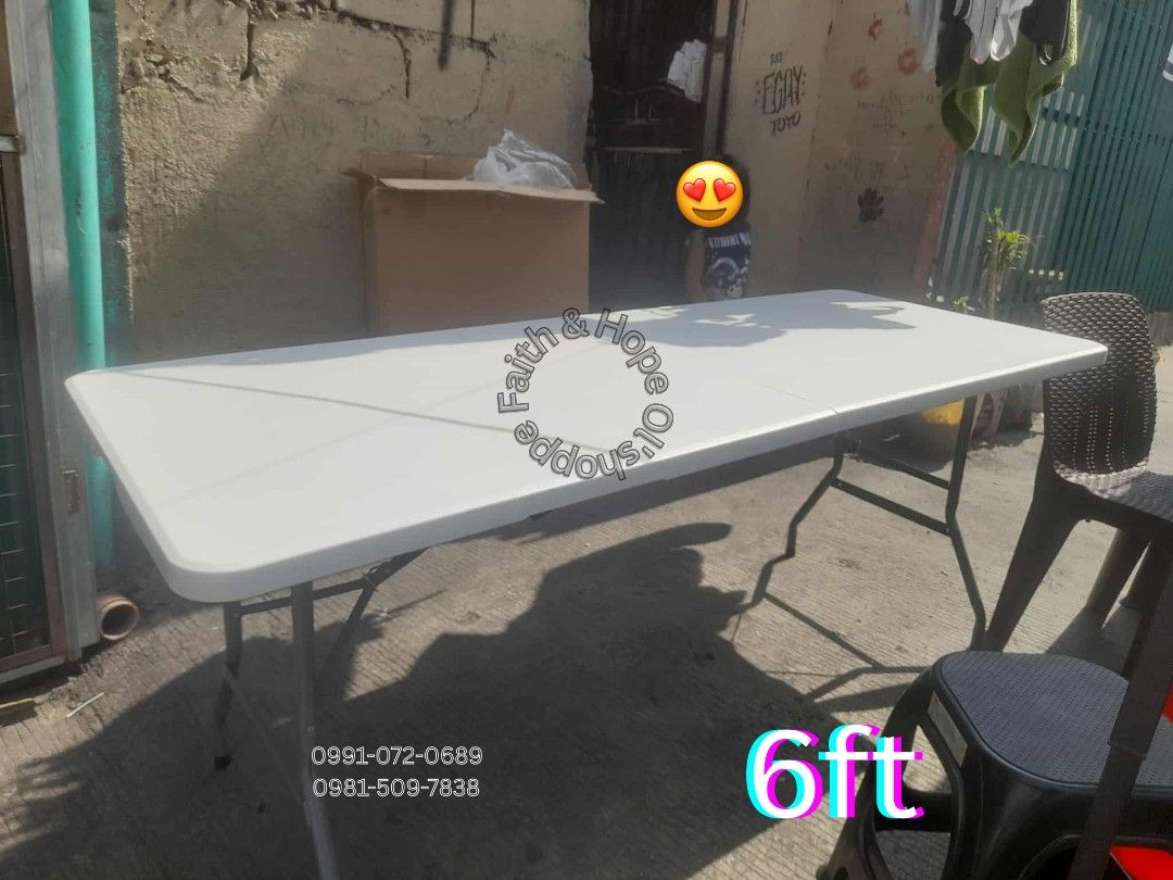 Portable foldable table/ plastic rectangular table (Category: Tables & Sets) located in Manila. Submitted by jamfrimzy089458 (Listing ID 1466821371, Image 3). Description: - Heavy-duty plastic top with sturdy steel folding legs - Versatile use: ideal for events, outdoor gatherings, extra dining, or work - Easy to wipe clean and maintain - Folds completely flat for convenient, space-saving storage - Available sizes: 4ft, 5ft, and 6ft - Send a mess
