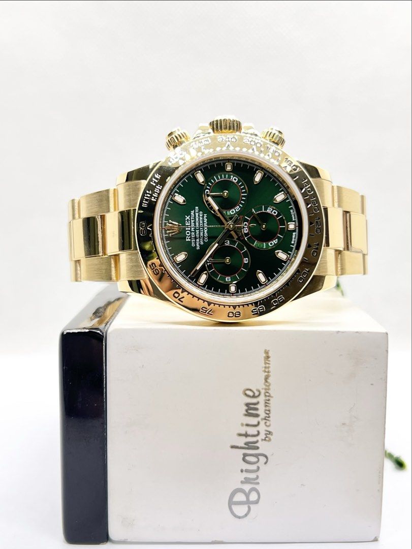Pre Owned Rolex Oyster Daytona 116508 “John Mayer” Green Dial Automatic Yellow Gold Casing Bracelet ( May 18 ) (Category: Watches) located in Singapore. Submitted by brightime (Listing ID 1466886661, Image 2). Description: Pre Owned Rolex Oyster Daytona 116508 “John Mayer” Green Dial Automatic Yellow Gold Casing Bracelet ( May 18 ) ** Pre-Owned ** ** Mint Condition ** Model : 116508 Also known as : Oyster Daytona Chronograph “John Mayer” Case siz