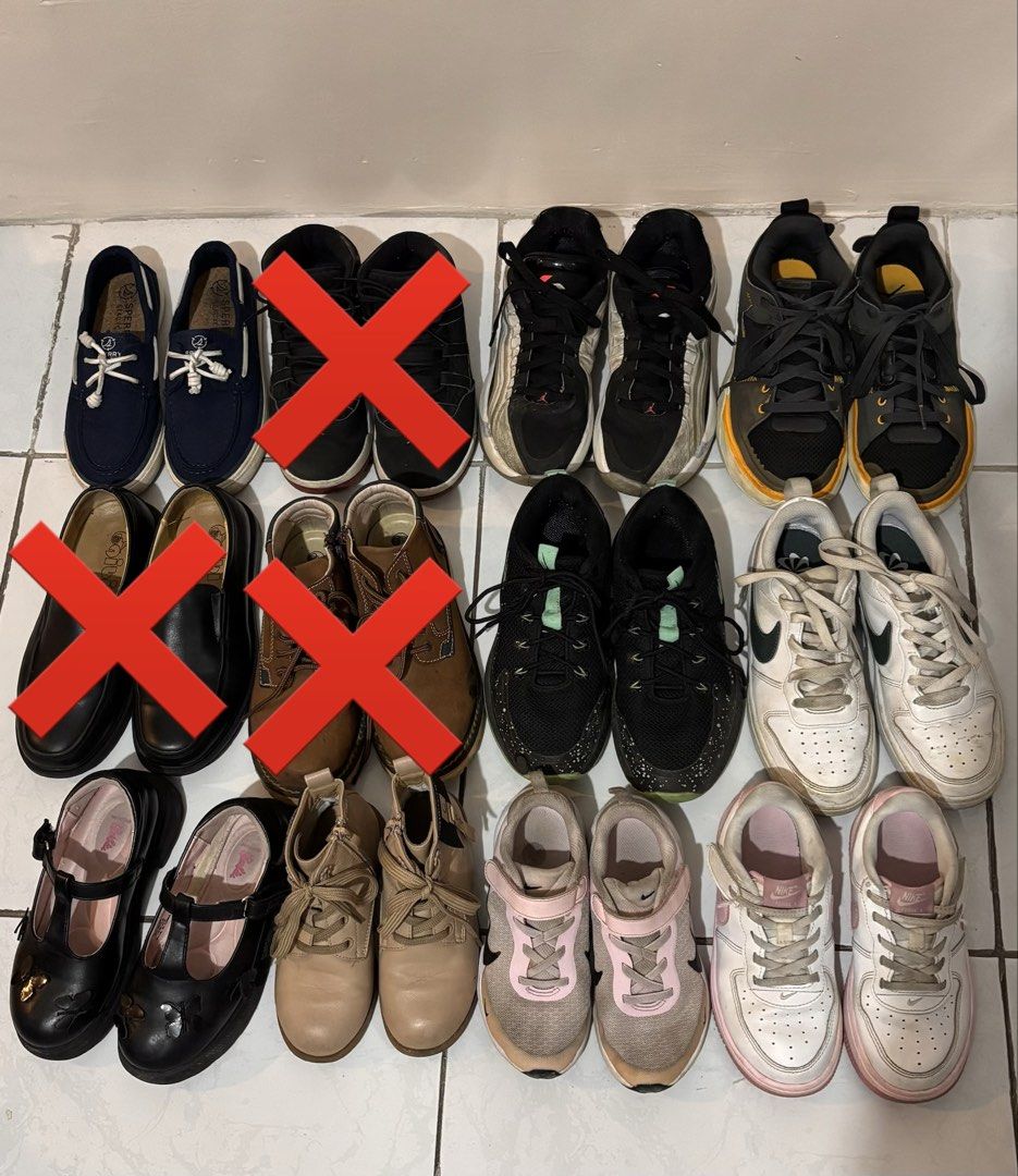 Pre-loved Kids shoes (Category: Babies & Kids Fashion) located in Cavite. Submitted by kath_artehan (Listing ID 1464292293, Image 1). Description: BAWAL SA MAARTE. Has minor flaw. Needs cleaning. PHP200 EACH ALL ORIGINAL TOP ROW SPERRY BAHAMA 2.0 NAVY US size 5 M (with box) Jordan Max Aura GS Black Gym Red size US 3Y Jordan Luka 4 GS size US 4.5Y (with box) Jordan One Take 5 GS size 3.5Y (with box) MIDDLE ROW GIBI black shoes size 35 Gibi boots s