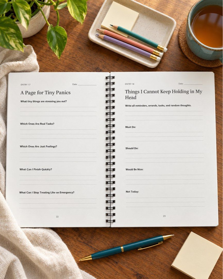 [PRE-ORDER] Calm Down Brain Journal (Category: Stationery & School Supplies) located in Manila. Submitted by papeldeliham (Listing ID 1466832811, Image 3). Description: Too many tabs open in your head? Meet “Calm Down, Brain” - a lighthearted journal for sorting thoughts and finding clarity. With 88 guided entries, there’s space for your worries, random ideas, tiny panics, and everything you’ve been overthinking. No perfect answers needed. Just a