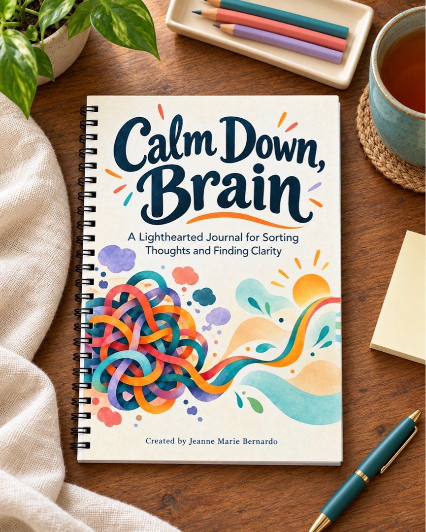 [PRE-ORDER] Calm Down Brain Journal (Category: Stationery & School Supplies) located in Manila. Submitted by papeldeliham (Listing ID 1466832811, Image 1). Description: Too many tabs open in your head? Meet “Calm Down, Brain” - a lighthearted journal for sorting thoughts and finding clarity. With 88 guided entries, there’s space for your worries, random ideas, tiny panics, and everything you’ve been overthinking. No perfect answers needed. Just a