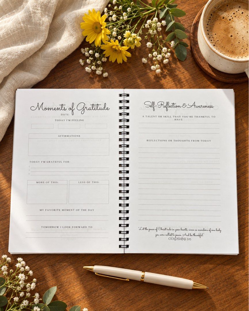 [PRE-ORDER] COUNTING MY BLESSINGS: A GRATITUDE JOURNAL (Category: Stationery & School Supplies) located in Manila. Submitted by papeldeliham (Listing ID 1442971490, Image 2). Description: 100 pages ring-bound full color cover black & white inside pages A5 size Counting My Blessings: A Gratitude Journal 🌼 A gentle gratitude journal created to help you notice God’s goodness, reflect on everyday blessings, and build a thankful heart one page at a t