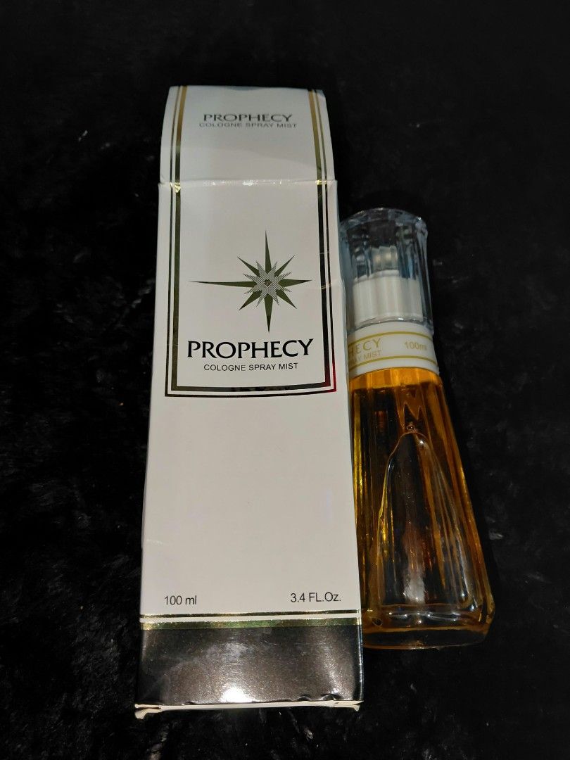 Prophecy Cologne Spray Mist 100ml (Category: Fragrance & Deodorants) located in Manila. Submitted by rubymielbona (Listing ID 1466776393, Image 1). Description: - Brand: Prophecy - Product: Cologne spray mist - Size: 100ml (Full size) - Condition: Brand new, unopened packaging - Packaging: White box with classic green star design - Details: Clear cap and gold-toned liquid inside.