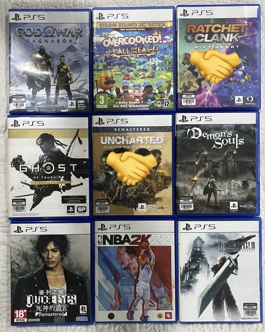 PS5 Games Bundle (Category: PlayStation) located in Manila. Submitted by skt0s (Listing ID 1449649235, Image 1). Description: MARIKINA / TAFT MANILA / ANY LRT1 GOW Ragnarok - 1400 GOT w/ Iki Island DLC - 1500 Demon Souls - 1300 Overcooked All You Can Eat w/ DLC - 1100 FF7 Remake Integrated - 1400 Judge Eyes - 1200 NBA2k22 - 1k.