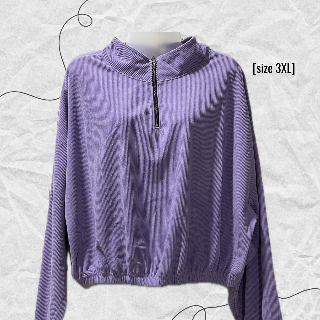 Purple Corduroy Half-Zip Sweater (Category: Coats, Jackets and Outerwear) located in Manila. Submitted by lovedbydeviii (Listing ID 1466853633, Image 1). Description: Purple Corduroy Half-Zip Sweater 🧵Php 275 👗Size: 3XL 👗Slightly used but still good as new * note that color may slightly vary due to lighting .