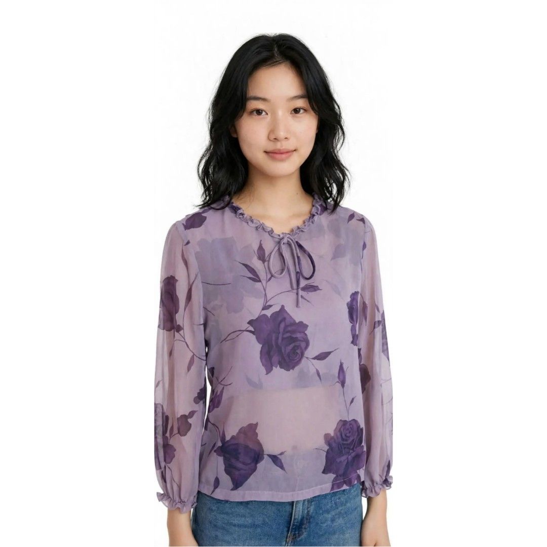 Purple Floral See-through Top/ Blouse (Category: Blouses) located in Las Pinas. Submitted by apples_here (Listing ID 1466880577, Image 1). Description: Rarely used Rfs: doesnt for anymore Small There's a Zipper on the side as opening.