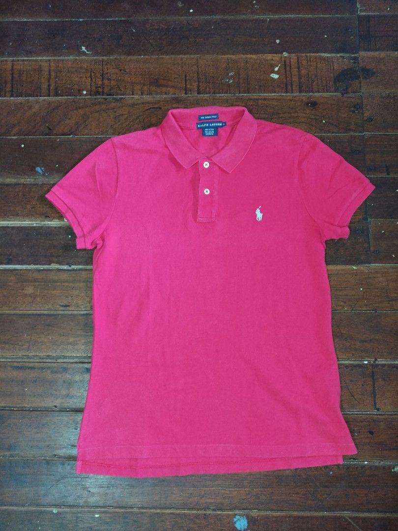 Ralph Lauren Polo Pink (Category: Activewear) located in Lucena. Submitted by thriftsivu (Listing ID 1466862828, Image 1). Description: Size large on tag Shoulder -15.5 width - 19 length - front 25 back 26 In Good condition Color rate 8/10 womens polo shirt pwede mens small/medium body frame.