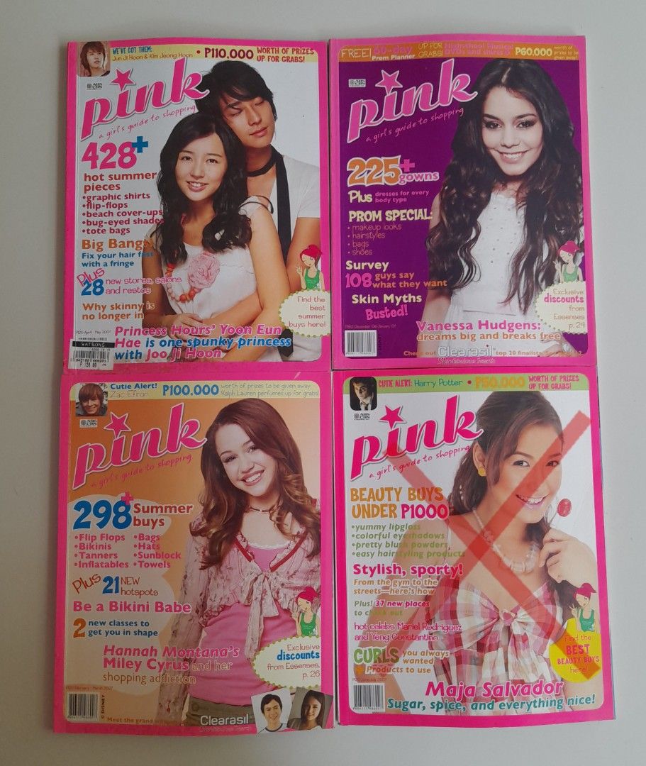 Rare Defunct Pink Magazine Batch (2006–2007 Mid-2000s Issues - Bundle or Solo) (Category: Magazines) located in Batangas. Submitted by bluehasnoclue (Listing ID 1466821538, Image 1). Description: Take All (3 Issues Bundle): ₱600 ​ Individual Purchase: ​Miley Cyrus / Hannah Montana Cover (Feb–Mar 2007) - ₱280 ​Vanessa Hudgens / High School Musical Cover (Dec 2006–Jan 2007 Prom Issue) - ₱250 ​Yoon Eun-Hae & Joo Ji-Hoon / Princess Hours Cover (Apr–M
