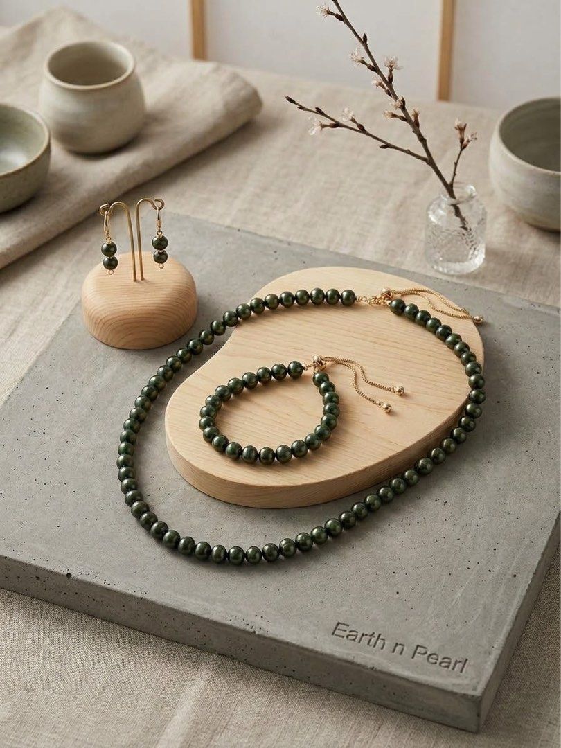 Rare Pistachio Pearls (Category: Body Jewelry) located in Quezon City. Submitted by fromjjestoyours (Listing ID 1466930035, Image 1). Description: Rare South Sea Pistachio pearls with adjustable chains 🐚💚 - Set includes: Pearl necklace, matching pearl bracelet, and pearl dangling drop earrings - Fit: Adjustable closures for a comfortable fit - Versatility: Clean, elegant look ideal for daily wear or dressing up.