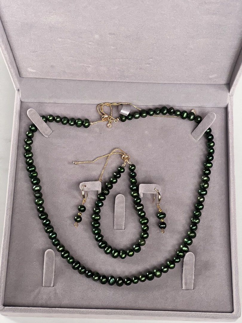 Rare Pistachio Pearls (Category: Body Jewelry) located in Quezon City. Submitted by fromjjestoyours (Listing ID 1466930035, Image 3). Description: Rare South Sea Pistachio pearls with adjustable chains 🐚💚 - Set includes: Pearl necklace, matching pearl bracelet, and pearl dangling drop earrings - Fit: Adjustable closures for a comfortable fit - Versatility: Clean, elegant look ideal for daily wear or dressing up.