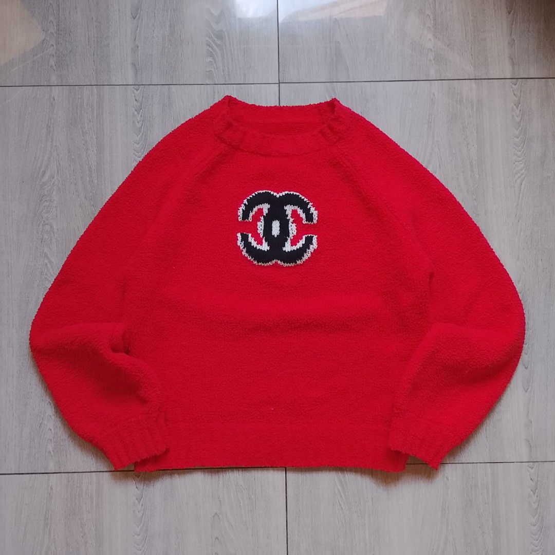 Red Chanel Alternative Sweater (Category: Luxury Apparel) located in Angeles City. Submitted by sselects_ (Listing ID 1466785990, Image 1). Description: Details of the item: *Color may vary due to lighting Size: fits S-M Width: 20" Length: 21" Sleeves: 19" Issue: needs wash Condition: Excellent ALL ITEMS ARE NEGOTIABLE.