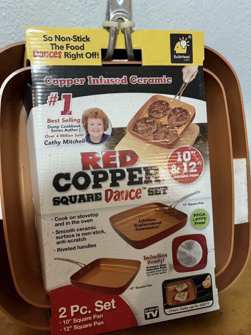 Red Copper 2 Piece Set Square Pan (Category: Cookware & Accessories) located in Quezon City. Submitted by gchua888 (Listing ID 1466892434, Image 2). Description: Red Copper Square Dance Set Pan -10” square pan -12” square pan -Cook on stove top and in oven -Smooth ceramic surface is non-stick and anti-scratch -Riveted handles -PFOA and PTFE free -Oven safe up to 500 F -Induction ready Selling for ₱2,000 (Original price is ₱3,295) Location: QC RFS