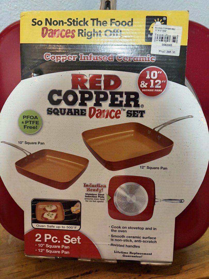 Red Copper 2 Piece Set Square Pan (Category: Cookware & Accessories) located in Quezon City. Submitted by gchua888 (Listing ID 1466892434, Image 3). Description: Red Copper Square Dance Set Pan -10” square pan -12” square pan -Cook on stove top and in oven -Smooth ceramic surface is non-stick and anti-scratch -Riveted handles -PFOA and PTFE free -Oven safe up to 500 F -Induction ready Selling for ₱2,000 (Original price is ₱3,295) Location: QC RFS