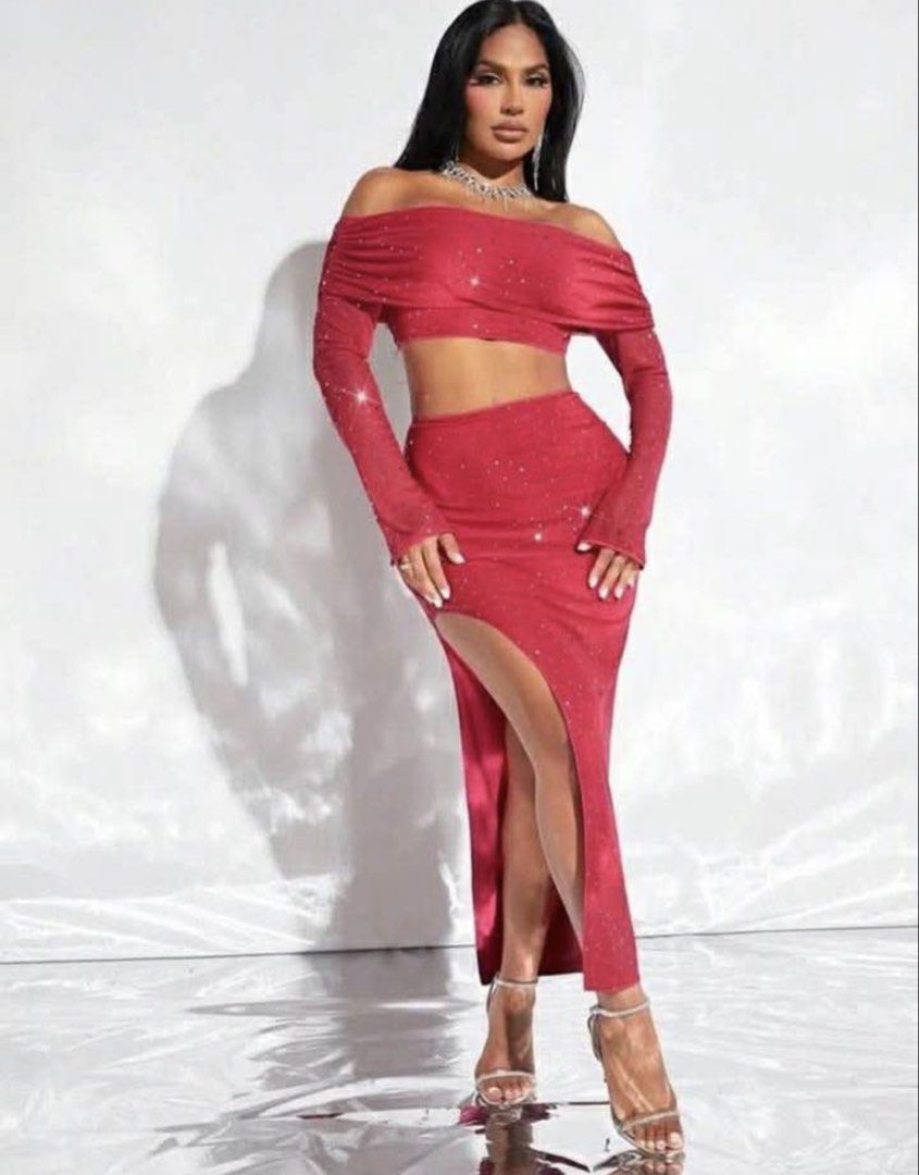 Red Glitter Off-Shoulder Crop Top And Split Maxi Skirt (Category: Sets or Coordinates) located in Manila. Submitted by ishaa908 (Listing ID 1466957539, Image 1). Description: - Color: pink with subtle glitter - Style: Two-piece set (off-shoulder long sleeve crop top & high-waisted maxi skirt with front thigh-high slit) - Material: Stretchy fabric that hugs the body - Condition: Worn once for a few hours, zero flaws - Perfect for parties, date nig