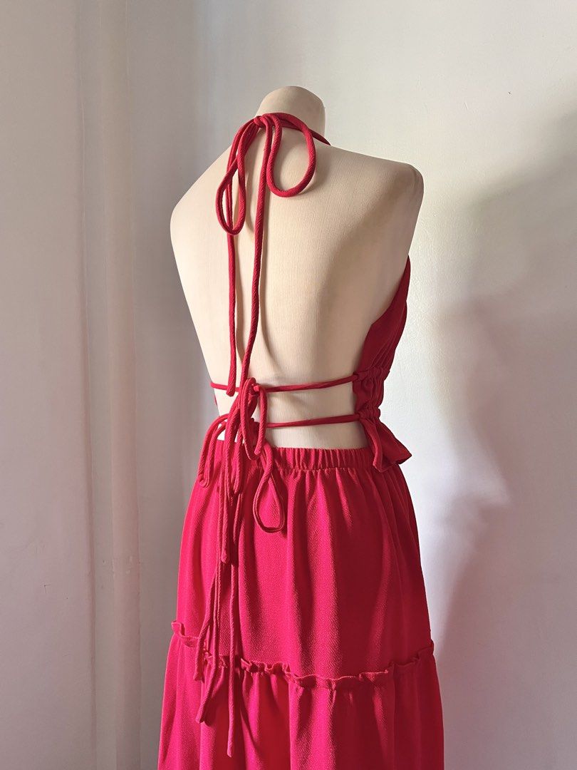 Red Halter Neck Tiered Maxi Coords (Category: Sets or Coordinates) located in Pasig City. Submitted by lovebella.apparel (Listing ID 1466943791, Image 2). Description: missy terno 𐙚 – ₱150 – xs to semi l – string top – stretchable – worn once for content – og price: ₱299 📍pasig/antipolo DM or comment "mine" to order. (𝘛𝘩𝘦 𝘤𝘰𝘭𝘰𝘳 𝘮𝘢𝘺 𝘷𝘢𝘳𝘺 𝘥𝘶𝘦 𝘵𝘰 𝘭𝘪𝘨𝘩𝘵𝘪𝘯𝘨).