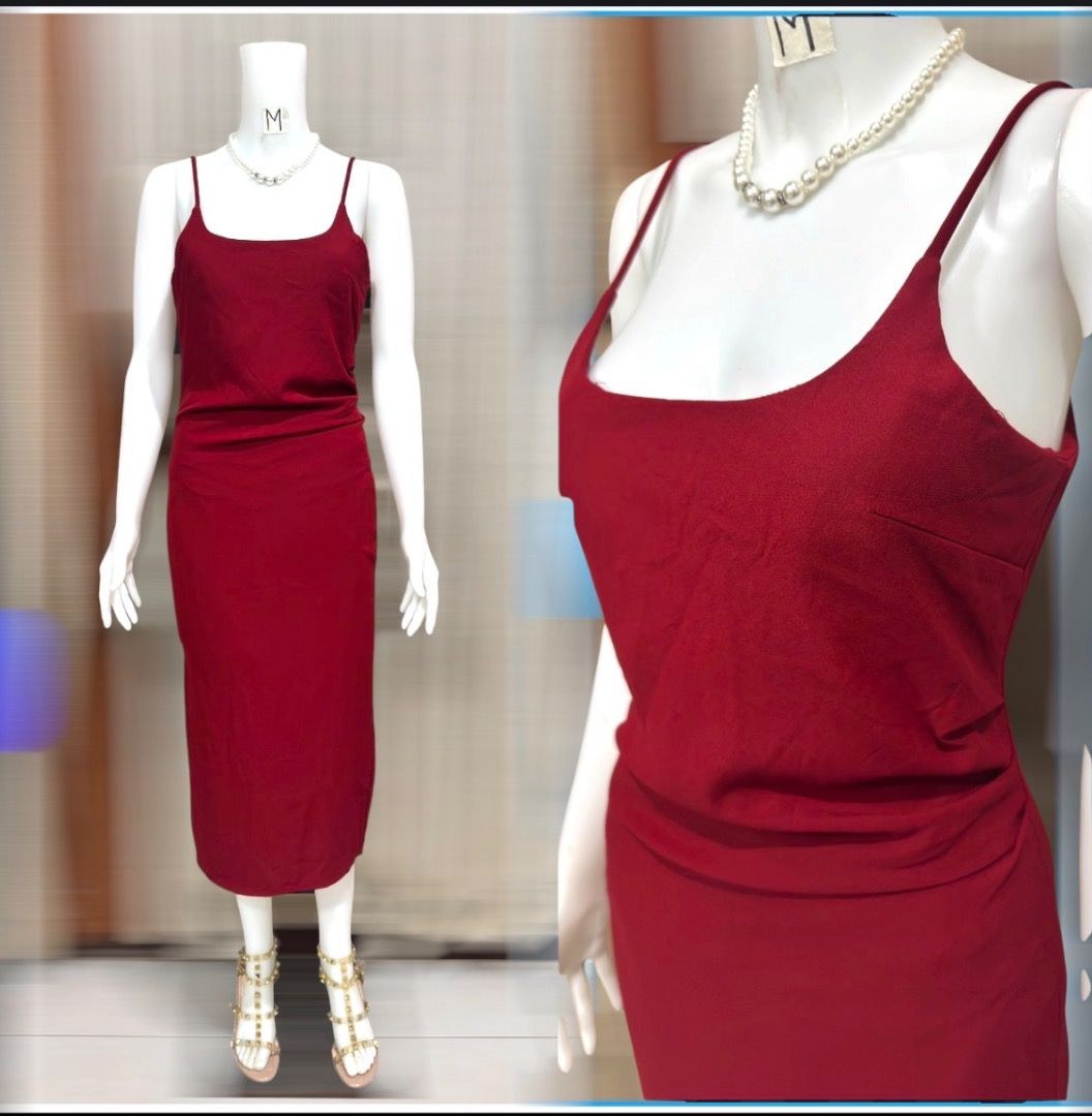 Red Spaghetti Strap Midi Dress (Category: Dresses) located in Cotabato. Submitted by thefashionproject88 (Listing ID 1466969166, Image 1). Description: - Color: Bright red - Style: Midi dress with thin spaghetti straps and square neckline - Fit: Fitted silhouette falling below the knee - Details: Soft textured fabric with gentle gathering near the waist - Versatility: Easy to dress up with heels or keep casual for everyday wear Brand: Pls Check P