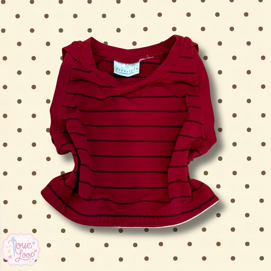 Red Striped Cropped Top (Category: Others Tops) located in Manila. Submitted by love.loop (Listing ID 1452780016, Image 1). Description: - Cute red and black striped pet shirt - Short sleeves with a ruffled hem - Freestyle brand visible on tag - Comfortable and stylish design - Easy to put on.