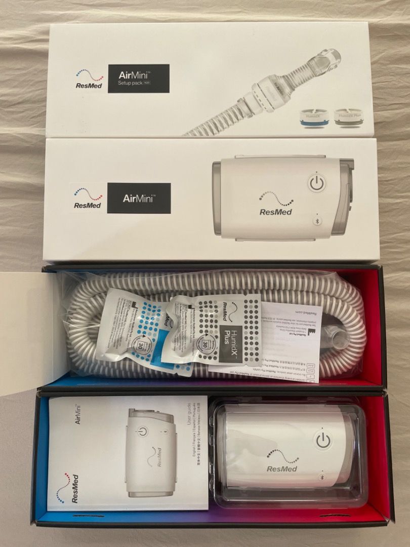 ResMed AirMini Travel CPAP Complete Set (Category: Medical Supplies & Tools) located in Manila. Submitted by musthaveph___ (Listing ID 1466799155, Image 1). Description: - Brand new, completely unopened ResMed AirMini travel CPAP setup pack - Compact and lightweight design, ideal for traveling - Includes main device, tubing, and power supply - Comes with HumidX Plus waterless humidification filters - Complete with user manuals and all original ac
