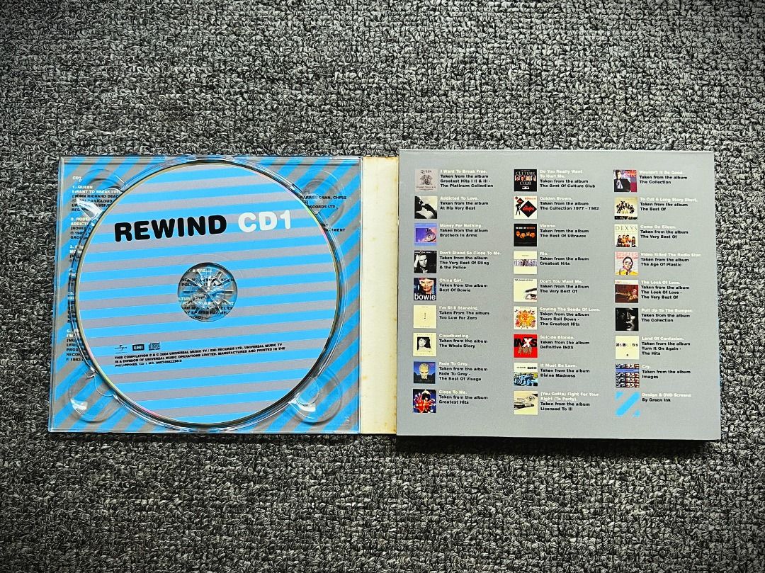 REWIND 3-Disc Set (2006) 2 CDs + 1 Bonus DVD Pack (Category: CDs & DVDs) located in Cebu City. Submitted by lighterrecords (Listing ID 1466919956, Image 3). Description: Calling all 80s New Wave, Pop, and Rock physical media collectors! Opening the vault to let you take home a massive music time capsule. This is "Rewind - The Best In Music & Video" (2004, Universal Music / EMI). Instead of a standard CD, this is a heavy 3-disc fold-out digipak se