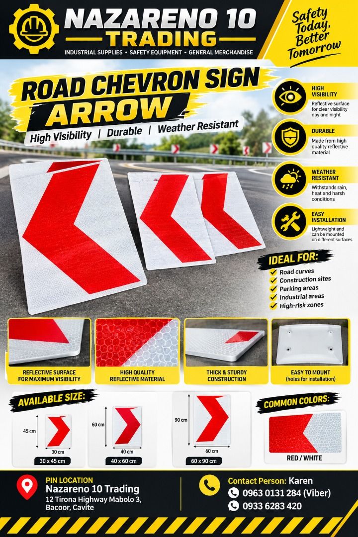 Road Chevron Sign Arrow Sign (Category: Looking For) located in Bacoor. Submitted by kajezame.2021 (Listing ID 1466826135, Image 1). Description: Road Chevron Sign Arrow Sign For More Details and Discount Contact Ms. Karen NAZARENO 10 TRADING 0963 0131 284 0933 6283 420 0956 7028 557 0933 8559 510 Landline: Look for Ms. Karen (046 ) 416 3920 Also available: • Traffic cone • Parking Block stopper • Hooded trash bin • Road Plastic Barrier • Spill b