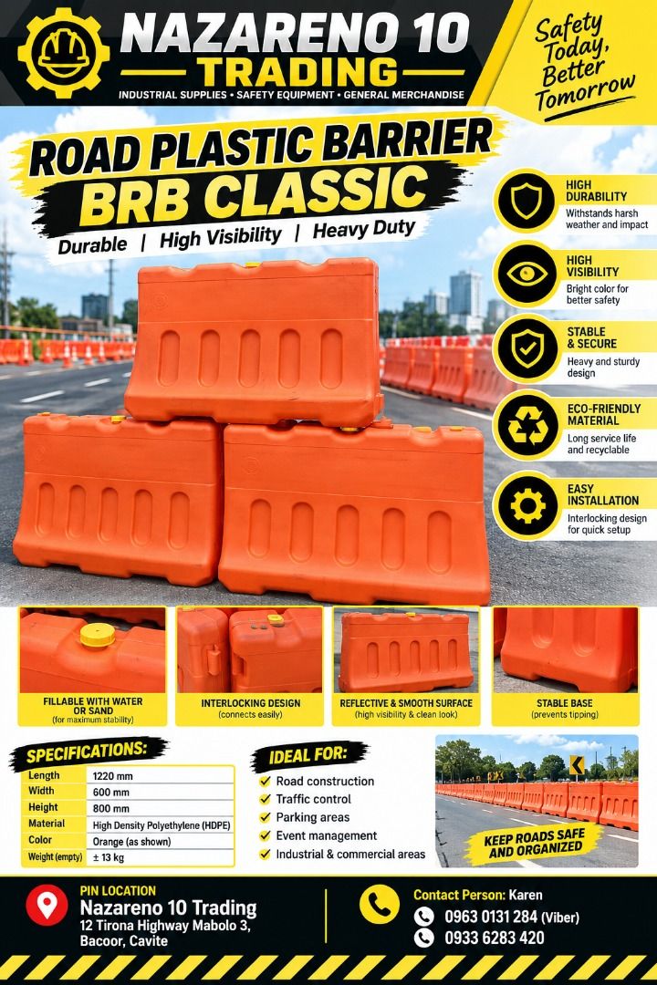 Road Plastic Barrier Brb Classic (Category: Looking For) located in Bacoor. Submitted by kajezame.2021 (Listing ID 1466842366, Image 1). Description: Road Plastic Barrier Brb Classic For More Details and Discount Contact Ms. Karen NAZARENO 10 TRADING 0963 0131 284 0933 6283 420 0956 7028 557 0933 8559 510 Landline: Look for Ms. Karen (046 ) 416 3920 Also available: • Traffic cone • Parking Block stopper • Hooded trash bin • Road Plastic Barrier •