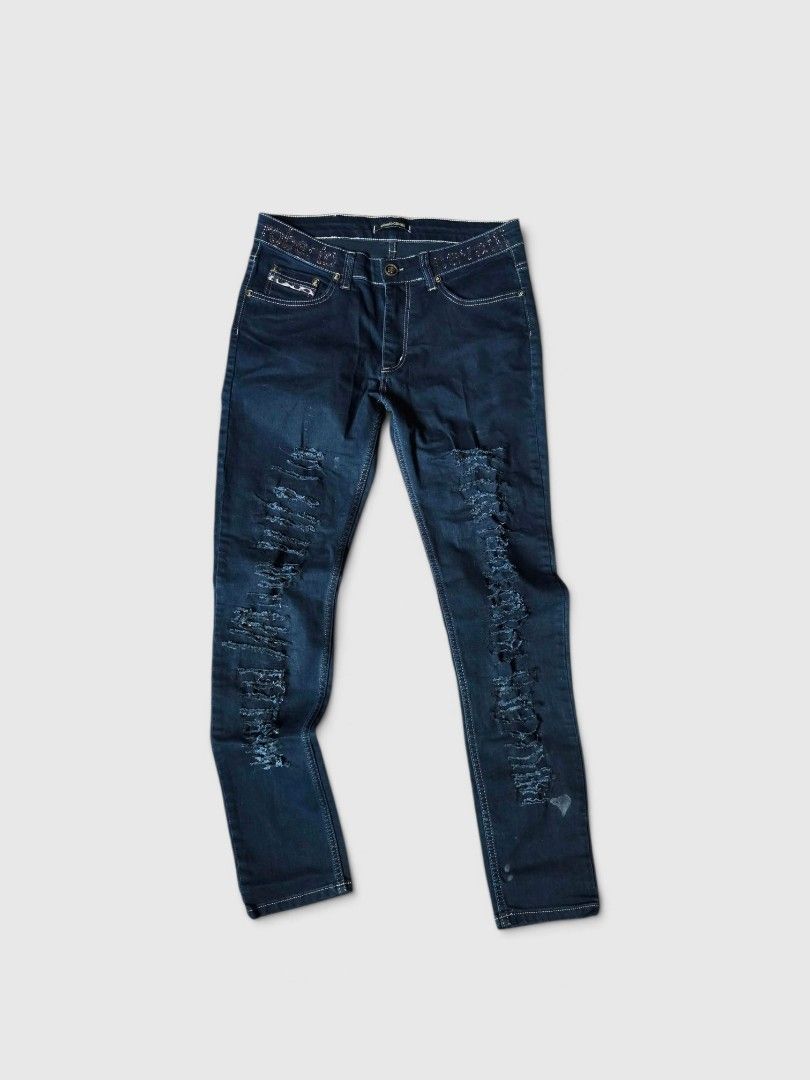 Roberto Cavalli Ripped Denim Jeans Size 33 (Category: Luxury Apparel) located in Rizal. Submitted by stoo_cee (Listing ID 1466793071, Image 1). Description: [ ] Roberto Cavalli* Vintage y2k Beaded jeans Waist: 32 Length: 42 Opening : 6 9.4/10 issue: Stain, see pics .