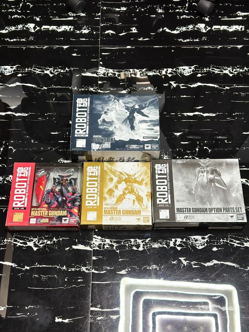 Robot Spirits Master Gundam[JP] SET (Category: Action & Battle Toys) located in Manila. Submitted by mickeykun (Listing ID 1466896356, Image 2). Description: SOLD AS SET ONLY MASTER GUNDAM- 26,000 OPENED RD Master Gundam[JP] OPENED RD Master Gundam Hyper Mode[JP] OPENED RD Master Gundam Option Parts Set[JP] OPENED RD Fuunsaiki[JP] NOTE: ! means open for inspection and some figure plastic already removed. NOTE: * means some figure applied a soluti