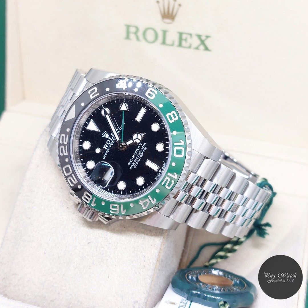 Rolex 40mm Ceramic Bezel Black Dial GMT Master 2 Sprite Jubilee REF: 126720VTNR (Full Set-Nov 2023) (Category: Watches) located in Singapore. Submitted by pngwatchdealer (Listing ID 1466898670, Image 1). Description: [SPECIFICATIONS] **Watch comes in full option (Box, Card, 2X Hang Tags & Accessories)** **Factory stickers intact on Caseback & Clasp Blade** **Watch is under Rolex 5 years international warranty till Nov 2028** Brand: Rolex Model: O