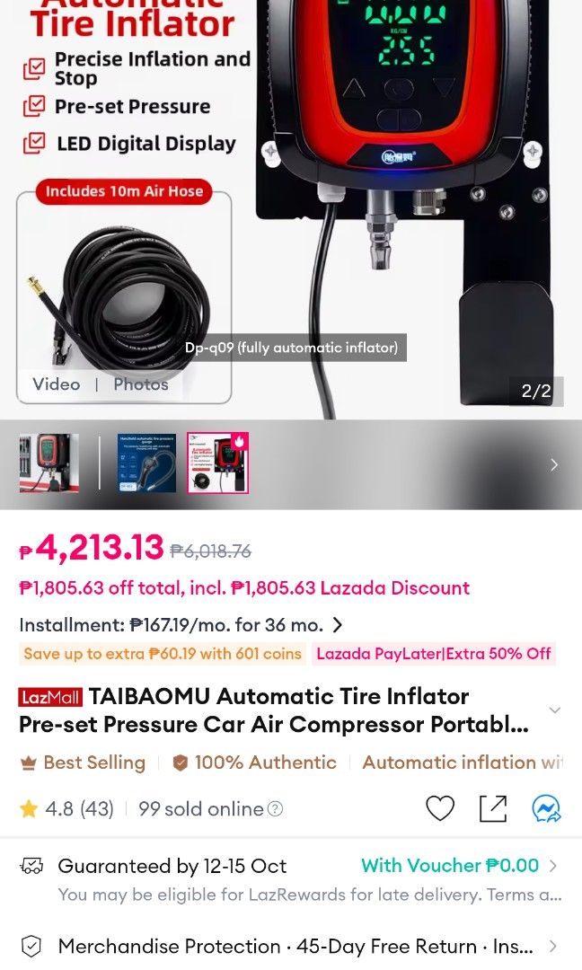 [RUSH] Brand New DP-Q09 Automatic Tires Inflator (Category: Other Automotive Parts and Accessories) located in Trece Martires City. Submitted by kapeeverydayeverydayokay (Listing ID 1466970197, Image 2). Description: 🚨 MALI NG BILI = PANALO MO NGAYONG ARAW! 🚨 Selling my BRAND NEW DP-Q09 Automatic Digital Tire Inflator (Wall-Mounted)! 📌 ORIGINAL PRICE: ₱4,213+ sa blue app - see screenshot on the 2nd pic 📌 RUSH PRICE TODAY: ₱1,990 ONLY! (Huge l