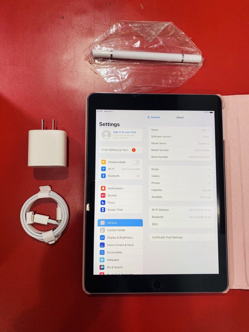 RUSH!! iPad Air 2 128gb Cellular+Wifi (Category: iPad) located in Manila. Submitted by hossingadgets (Listing ID 1466902581, Image 1). Description: For Sale Only, iPad Air 2 128gb Cellular+Wifi ✅Very Good Condition ✅Touch ID Working ✅Good Battery Health ✅Updated to iOS 15 ✅With free Rotating Case, Charger, Screen Protector and Stylus Pencil PM if interested, slightly negotiable.