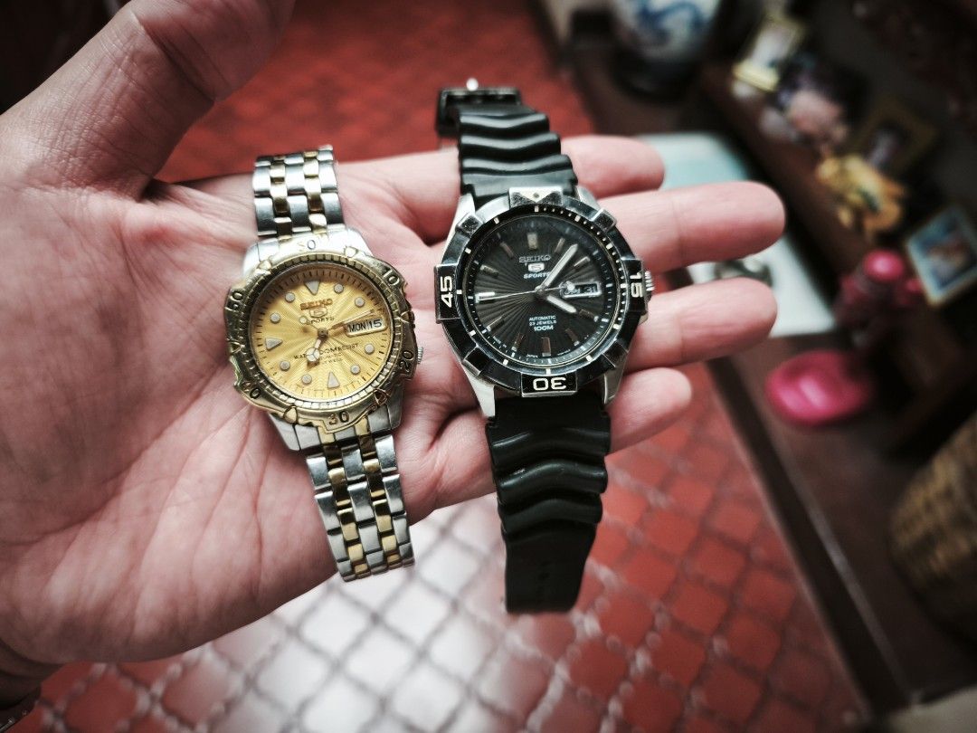 Seiko 5 Sports Automatic Watches (Category: Men's Watches) located in Manila. Submitted by raffy.dlc (Listing ID 1466779170, Image 2). Description: Fs: Seiko 5 Sports Japan made 7S36 automatic movement - Rare two tone gold and silver, Clean Wave Dial, 100M water resistant, 40Mm size. All original Head and Original Seiko Bracelet. PHP 3,600 - Black Dial "Mini Stargate", Clean Wave Dial, 100M water resistant, 42mm size. Comes with AM rubber strap. 