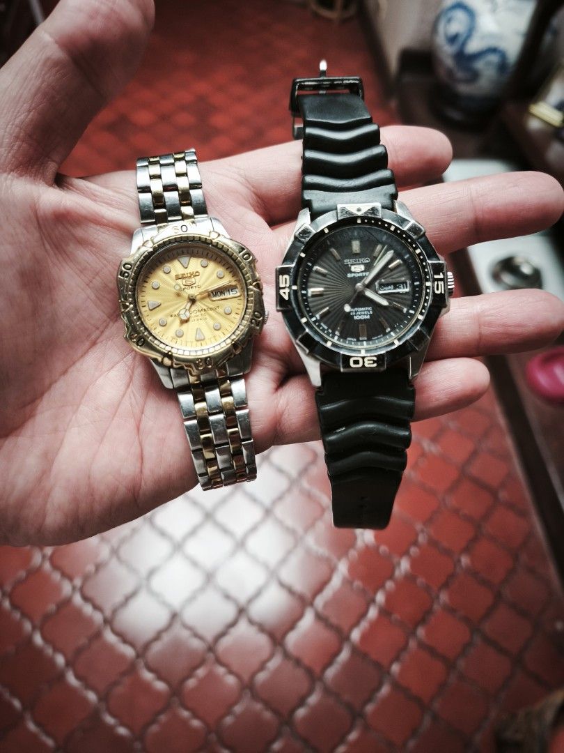 Seiko 5 Sports Automatic Watches (Category: Men's Watches) located in Manila. Submitted by raffy.dlc (Listing ID 1466779170, Image 1). Description: Fs: Seiko 5 Sports Japan made 7S36 automatic movement - Rare two tone gold and silver, Clean Wave Dial, 100M water resistant, 40Mm size. All original Head and Original Seiko Bracelet. PHP 3,600 - Black Dial "Mini Stargate", Clean Wave Dial, 100M water resistant, 42mm size. Comes with AM rubber strap. 