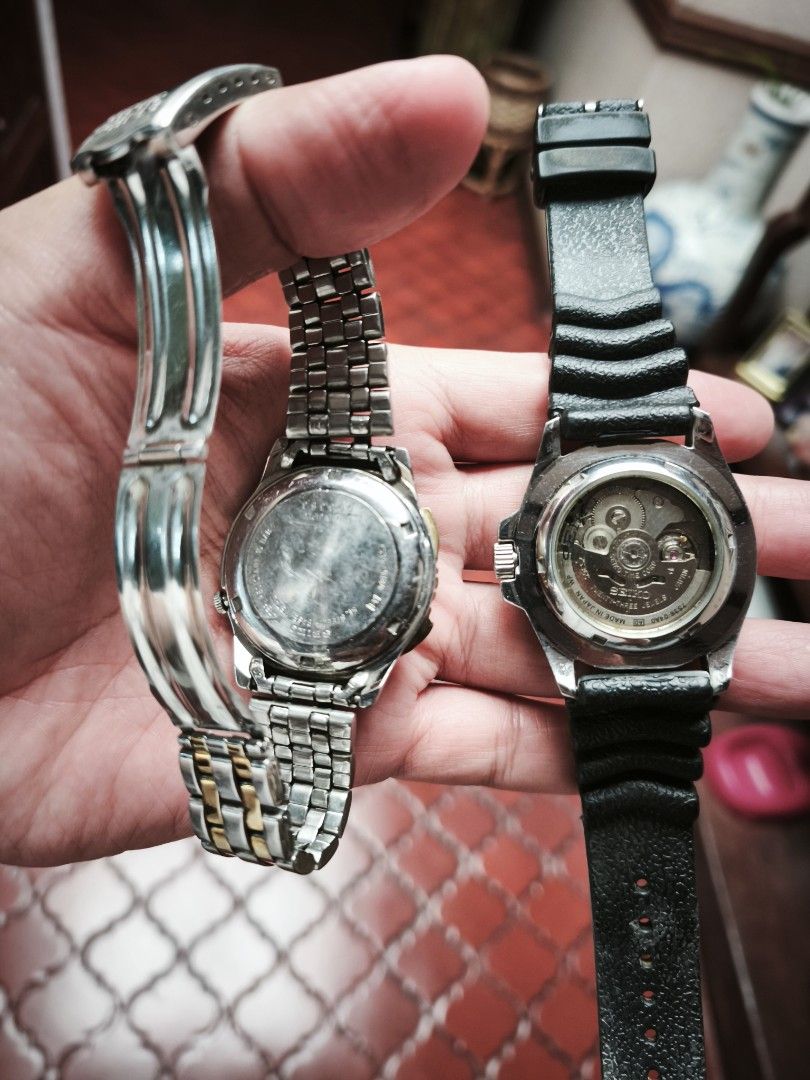 Seiko 5 Sports Automatic Watches (Category: Men's Watches) located in Manila. Submitted by raffy.dlc (Listing ID 1466779170, Image 3). Description: Fs: Seiko 5 Sports Japan made 7S36 automatic movement - Rare two tone gold and silver, Clean Wave Dial, 100M water resistant, 40Mm size. All original Head and Original Seiko Bracelet. PHP 3,600 - Black Dial "Mini Stargate", Clean Wave Dial, 100M water resistant, 42mm size. Comes with AM rubber strap. 