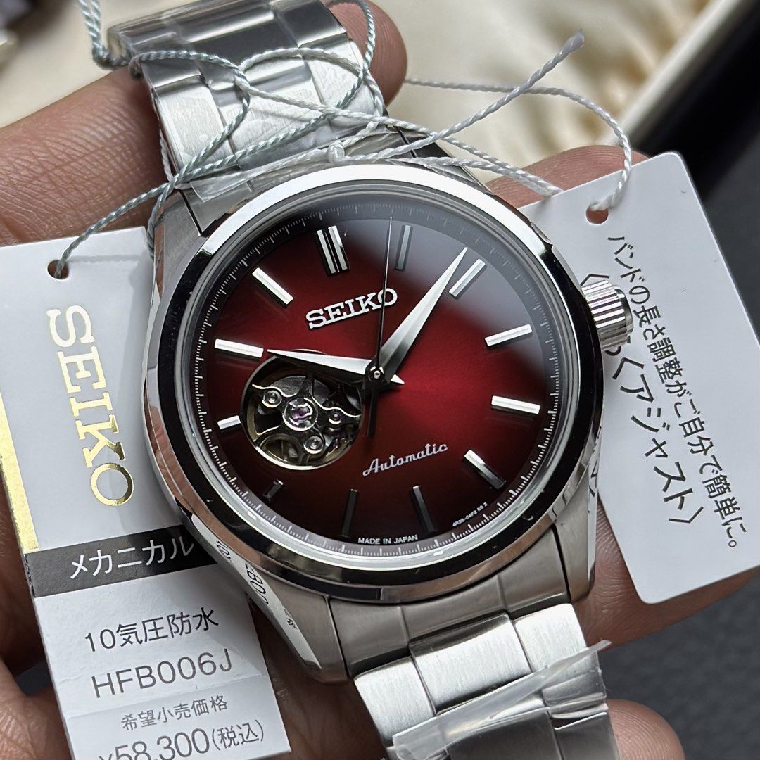 Seiko Open Heart Deep Red Dial HFB006| HFB006J (Category: Men's Watches) located in Manila. Submitted by geraaardtorres (Listing ID 1466892192, Image 3). Description: Brand New JDM Seiko Selection Open Heart – Deep Red Dial HFB006 | HFB006J Japan Market Off-Catalog Specifications: ‣ Caliber 4R38 Automatic with Manual Winding ‣ Approx. 40.0mm Stainless Steel Case ‣ Approx. 41-Hour Power Reserve ‣ 24 Jewels | 21,600 bph / 3Hz ‣ Deep / Wine Red Dial