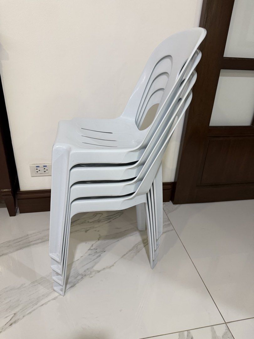 Set of 4 Ruby Plastic Monobloc Chairs White (Category: Chairs) located in Makati City. Submitted by monkeykingo (Listing ID 1466932949, Image 3). Description: - Set of 4 white plastic monobloc chairs from Ruby - Stackable design for easy space-saving storage - Solid construction with ventilated slotted seats and backrests - Clean condition with minimal signs of handling - Low maintenance, easy to wipe down and clean - Ideal for indoor dining or o