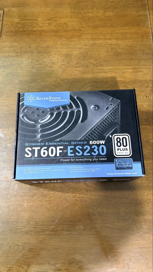 SilverStone Strider Essential ST60F-ES230 600W Power Supply (Category: Computer Parts) located in Caloocan City. Submitted by ryanlim2007_ (Listing ID 1466814385, Image 1). Description: - Brand: SilverStone Strider Essential 600W (ST60F-ES230) - Efficiency: 80 PLUS 230V EU Certified with Active PFC - Cooling: Quiet 120mm silent fan - Condition: Fully functional, pulled from a system upgrade - Inclusions: Attached cables, mounting screws, and orig