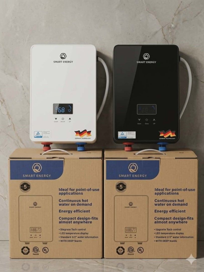 Smart Energy German Technology Tankless Water Heater (Category: Water Heater & Instant Showers) located in Manila. Submitted by mhijzadame (Listing ID 1466856277, Image 2). Description: - Brand new in original box with protective plastic wrapper - Powered by German technology for continuous hot water on demand - Easy-to-use manual rotary dial for low to high heating power levels - Compact design with standard water fittings included - ISO 9001:20