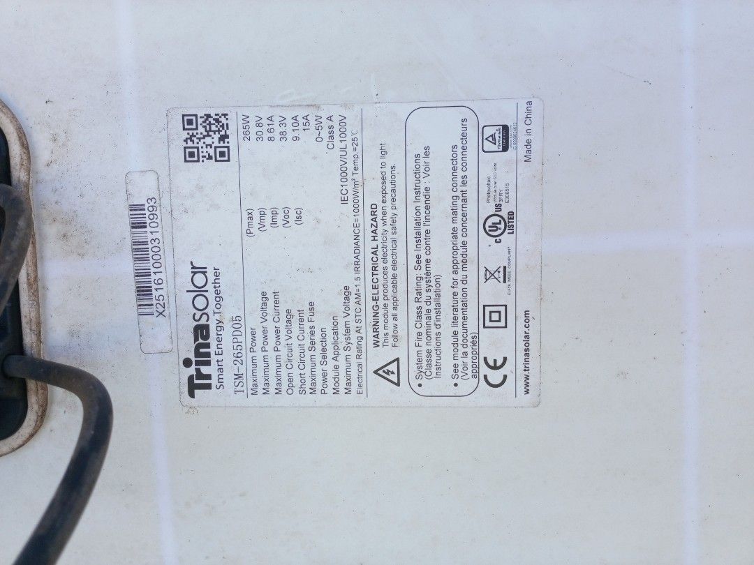 Solar panel 266watts (Category: Chargers) located in Quezon City. Submitted by alongly1313 (Listing ID 1466962934, Image 3). Description: trina solar 266 watts 30v solar panel. still in good condition. i have 15pcs..