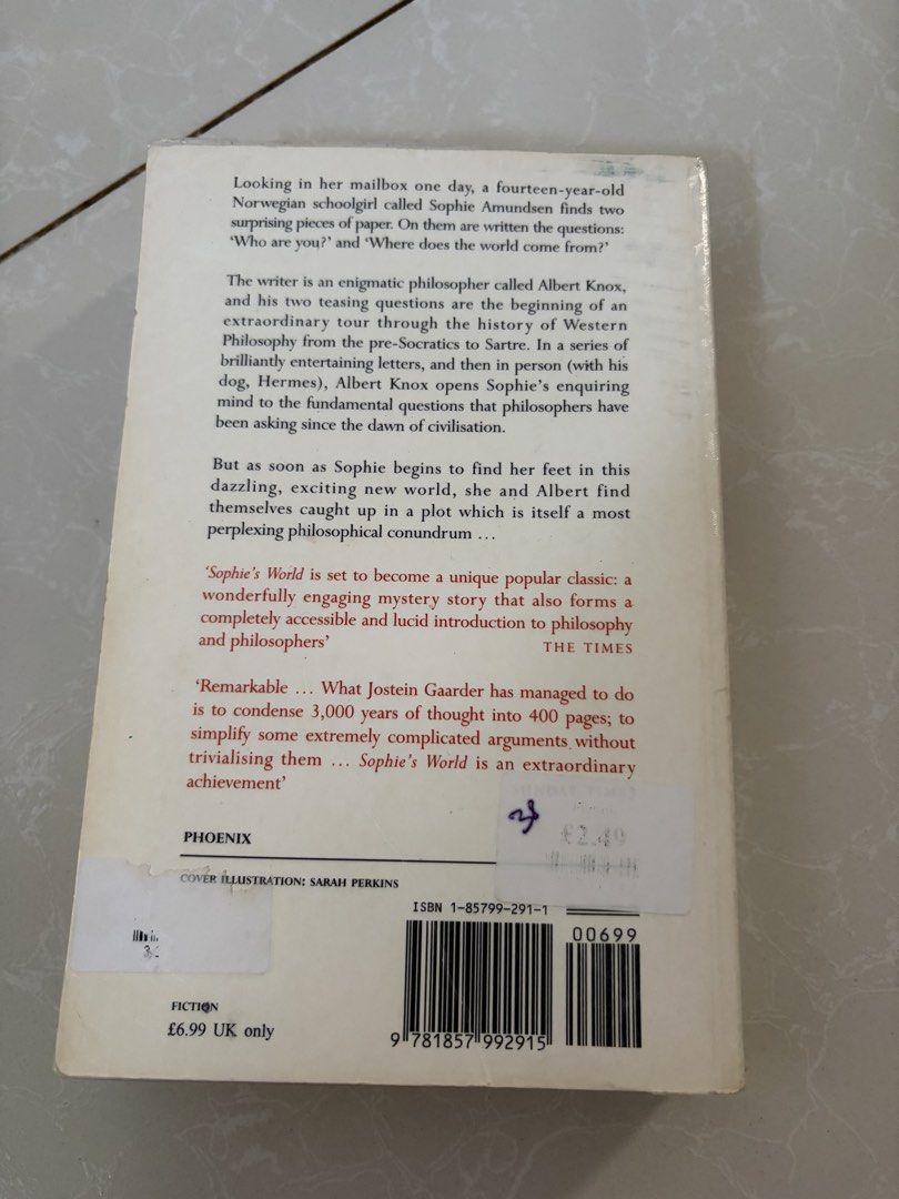 Sophie’s World (Category: Storybooks) located in Las Pinas. Submitted by bibliomomma (Listing ID 1466790624, Image 2). Description: Sophie’s World by Jostein Gaarder Authentic book! Slightly tanned pages, creasing on the spine, intact pages, no foxing MOP Gcash.