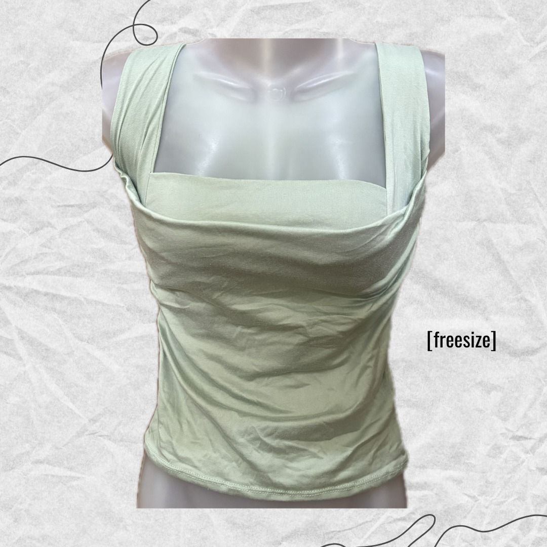 Square Neck Top (Category: Sleeveless) located in Manila. Submitted by lovedbydeviii (Listing ID 1466851586, Image 2). Description: Square Neck Top 🧵Php 50 each ; take all for Php 125 👗Available in White, Sage Green, and Black 👗Size: Freesize 👗NEVER USED * note that color may slightly vary due to lighting .