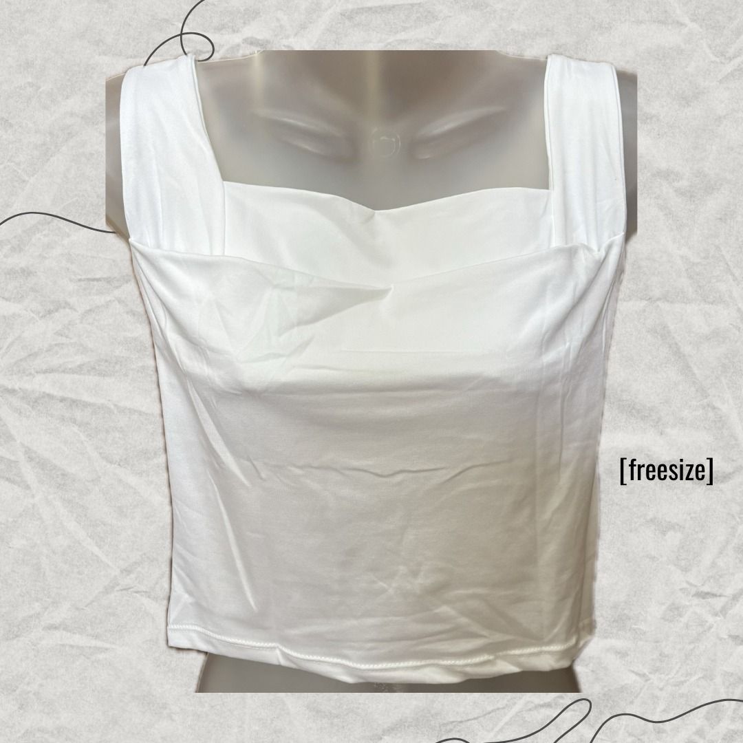 Square Neck Top (Category: Sleeveless) located in Manila. Submitted by lovedbydeviii (Listing ID 1466851586, Image 1). Description: Square Neck Top 🧵Php 50 each ; take all for Php 125 👗Available in White, Sage Green, and Black 👗Size: Freesize 👗NEVER USED * note that color may slightly vary due to lighting .