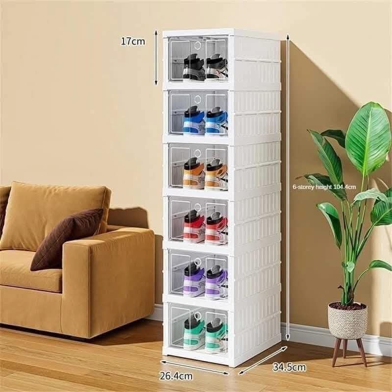 Stackable plastic shoe storage box organizer (Category: Storage Boxes & Baskets) located in Manila. Submitted by jamfrimzy089458 (Listing ID 1466835753, Image 3). Description: - Clear plastic shoe box with convenient drop-front door - Sturdy white frame structure with a stackable, space-saving design - Keeps your valuable sneakers dust-free and neatly organized - Fully collapsible unit that is easy to store when not in use - 6-tier total dimensio