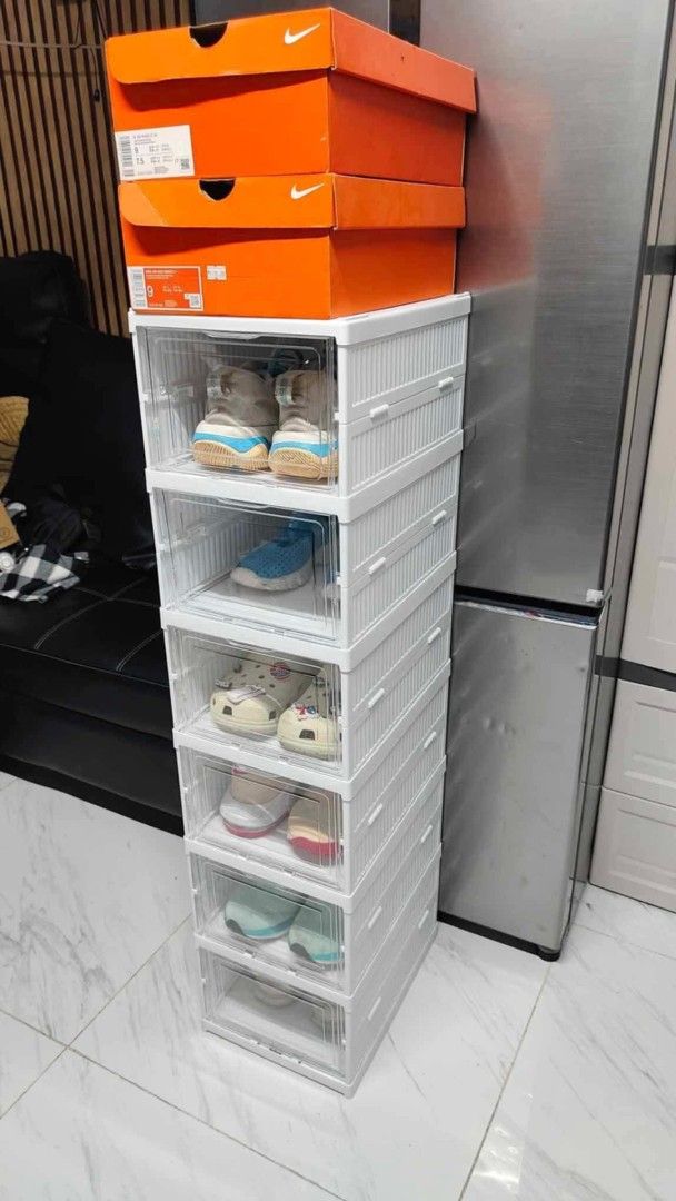 Stackable plastic shoe storage box organizer (Category: Storage Boxes & Baskets) located in Manila. Submitted by jamfrimzy089458 (Listing ID 1466835753, Image 2). Description: - Clear plastic shoe box with convenient drop-front door - Sturdy white frame structure with a stackable, space-saving design - Keeps your valuable sneakers dust-free and neatly organized - Fully collapsible unit that is easy to store when not in use - 6-tier total dimensio