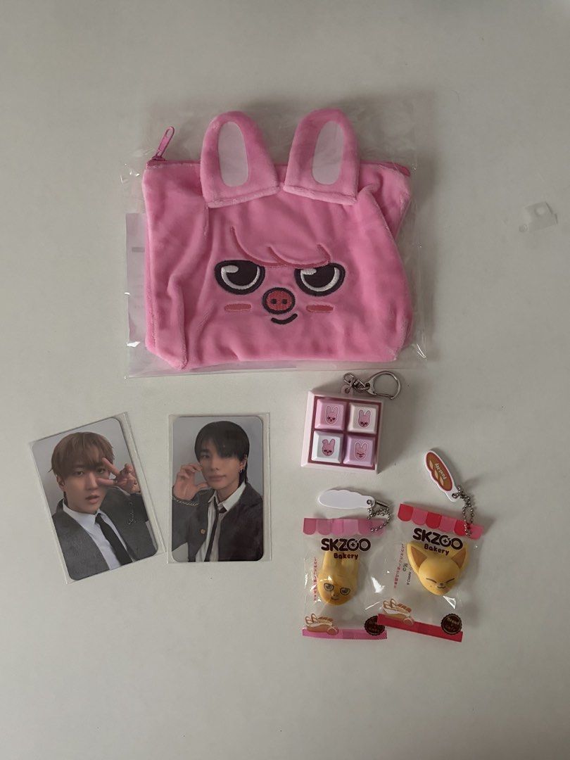 stray kids photocards + merch set (Category: K-Wave Merchandise) located in San Juan City. Submitted by comfyhour (Listing ID 1466859664, Image 1). Description: • PAYO • bought individually from mercari • dwaekki pouch (sealed in plastic) • dwaekki fidget keychain • changbin & hyunjin photocards (good condition) • 2 skzoo bread keychains rfs: got these for a brand video where i needed to showcase stray kids merch, i don't stan them .