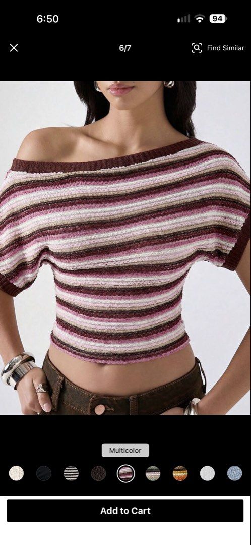 Striped Off-Shoulder Knit Crop Top (Category: Blouses) located in Quezon City. Submitted by taylorcutie (Listing ID 1466883114, Image 1). Description: - Style: Short sleeve knit crop top - Pattern: Horizontal stripes in brown, pink, white, and tan - Neckline: Off-shoulder with ribbed brown trim - Fabric: Textured knit - Fit: Snug and flattering on the body.