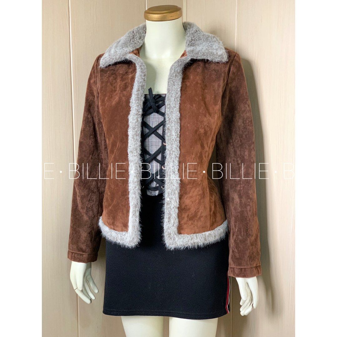 SUEDE FUR JACKET (small) (Category: Coats, Jackets and Outerwear) located in Baguio. Submitted by cattycattymeowmeow (Listing ID 1466967876, Image 2). Description: SUEDE FUR JACKET - Brand: Veeko - Size: 36 (fits true to size) - Material: Brown faux suede with cozy quilted brown lining - Details: Soft grey faux fur trim on lapels, collar, and hem - Closure: Front hook and eye fasteners - Condition: Great pre-loved condition, perfect for cold weat