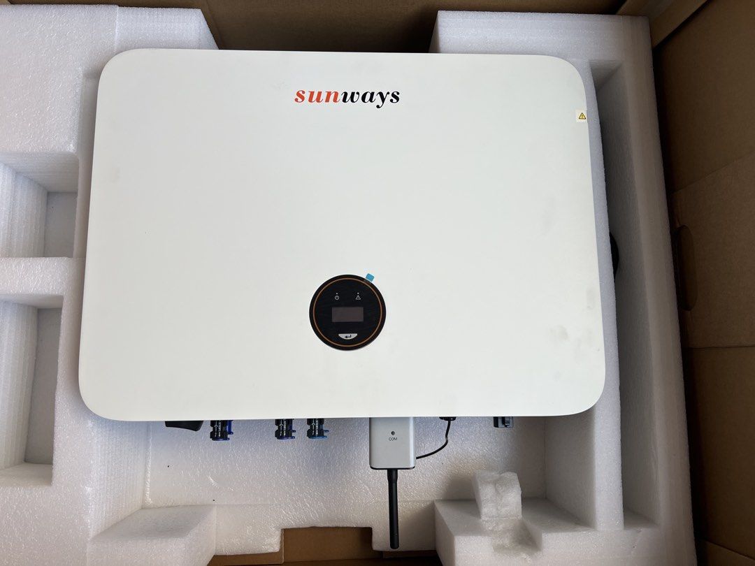 Sunways STS-10KTL Grid-Connected PV Inverter (Category: Air Conditioning and Heating) located in Marikina City. Submitted by johnurbina (Listing ID 1466903711, Image 1). Description: Sunways STS-10KTL grid-connected PV inverter. 10kW rated power model. Packed securely in foam and cardboard box packaging. Features standard DC inputs, AC output terminal, communication port with antenna, and ON/OFF rotary switch. Clean unit, ready for installation..