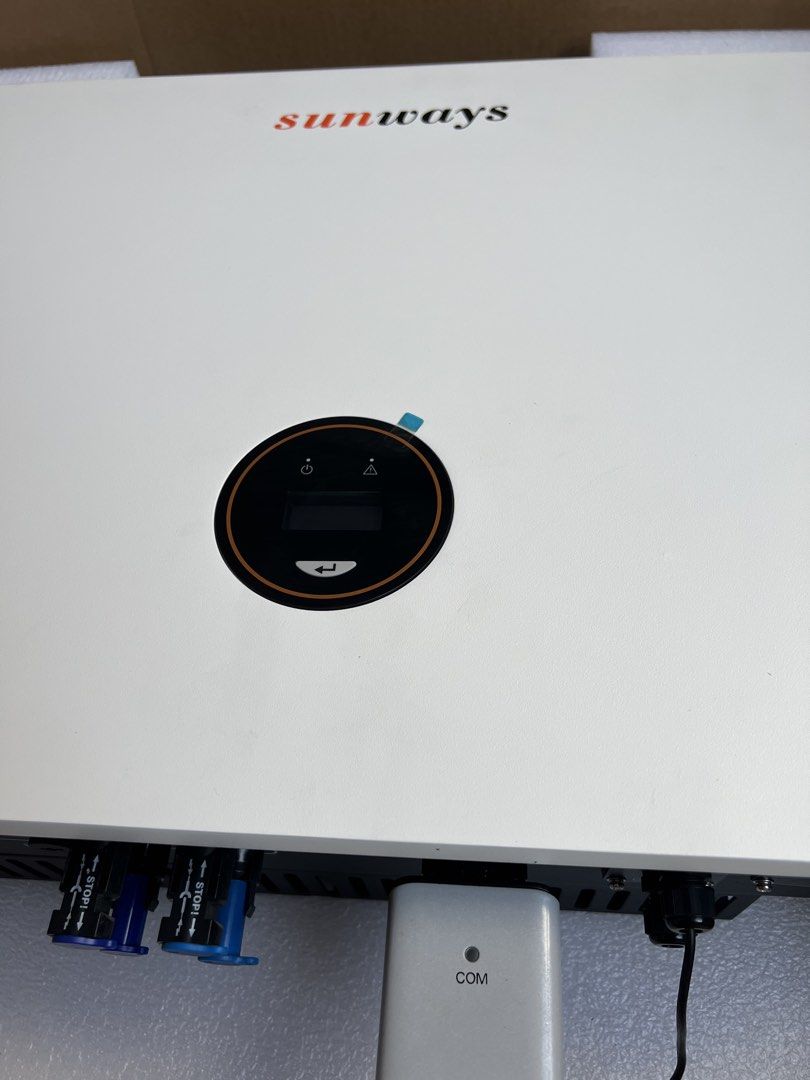 Sunways STS-10KTL Grid-Connected PV Inverter (Category: Air Conditioning and Heating) located in Marikina City. Submitted by johnurbina (Listing ID 1466903711, Image 2). Description: Sunways STS-10KTL grid-connected PV inverter. 10kW rated power model. Packed securely in foam and cardboard box packaging. Features standard DC inputs, AC output terminal, communication port with antenna, and ON/OFF rotary switch. Clean unit, ready for installation..